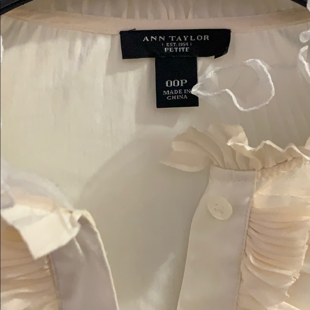 Ann Taylor Cream Ruffle Front Button-Down Shirt - Picture 2 of 7